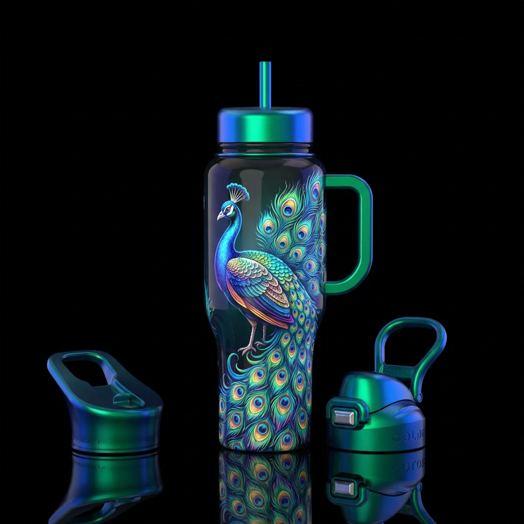 Glowing Peacock bird water bottle design