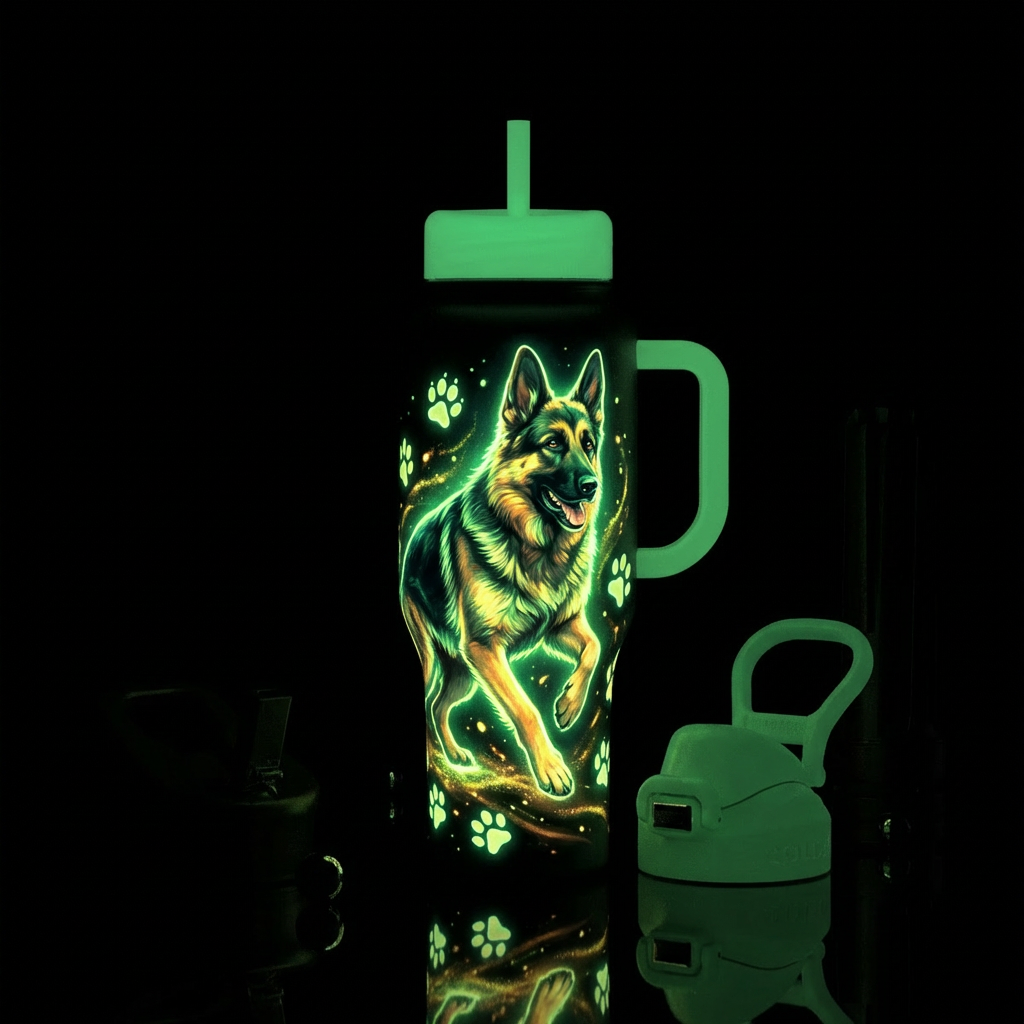 German Shepherd glow in dark water bottle design