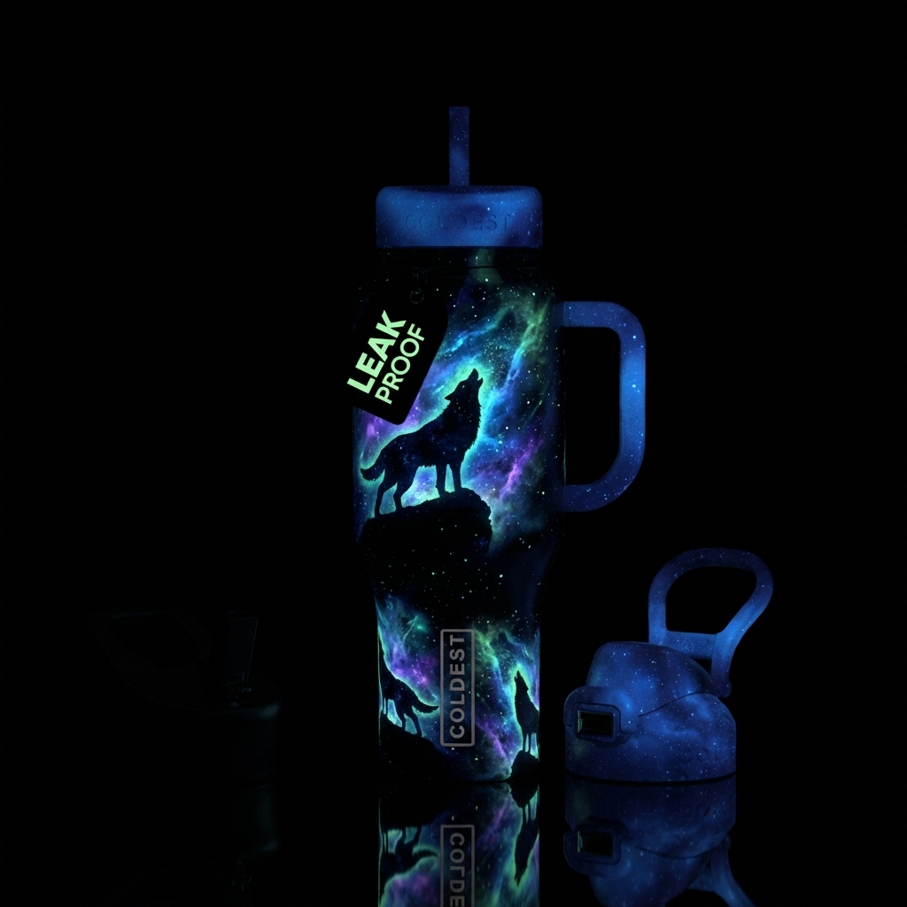 Glow in the Dark black wolf Galaxy water bottle design