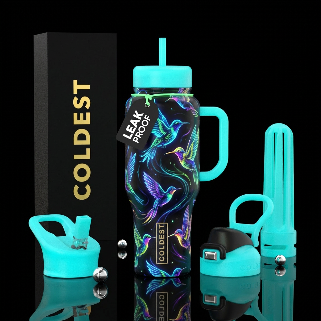 Glow in the dark Humming Birds water bottle design