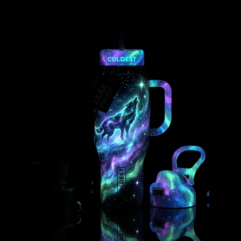 Glow in the Dark black wolf Galaxy water bottle design