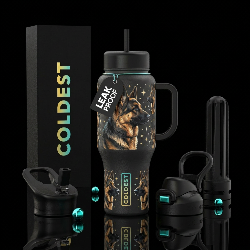German shepherd and stars water bottle design