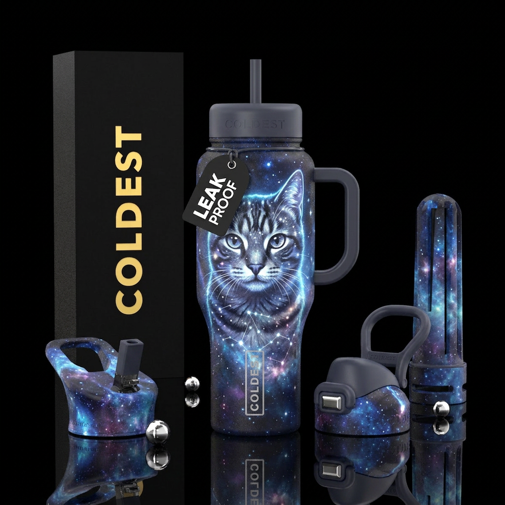 Grey tabby cat glow  galaxy water bottle design