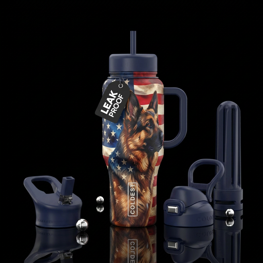 American  flag and German shepherd water bottle design