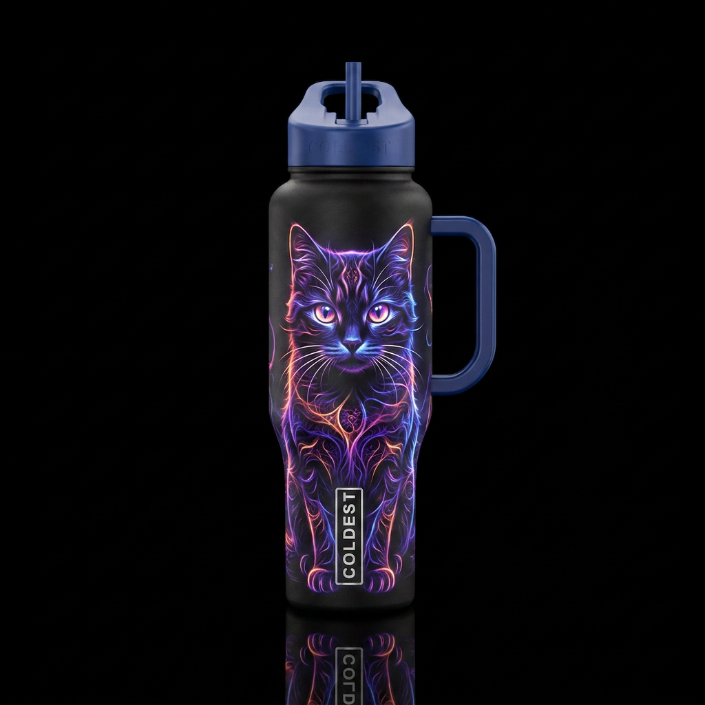 Glowing black cat water bottle design