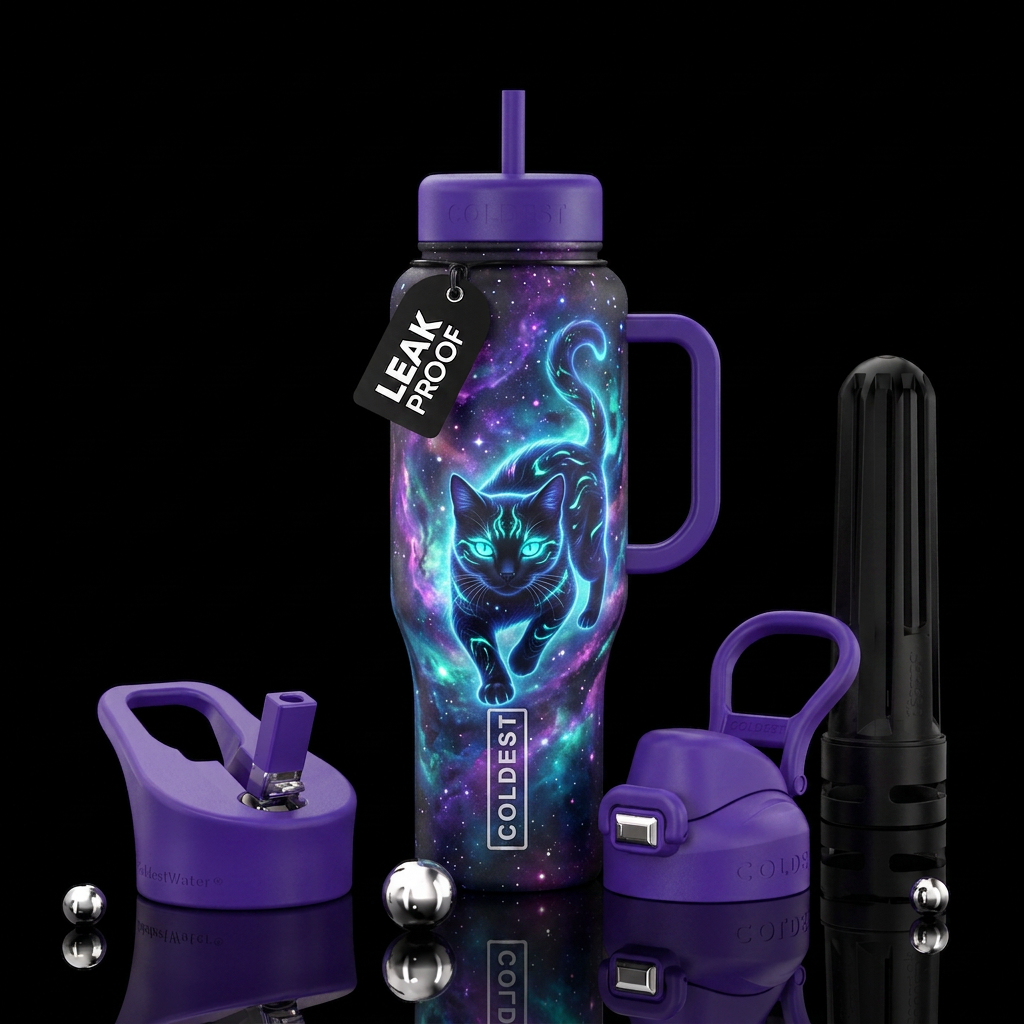 Glowing black cat water bottle design