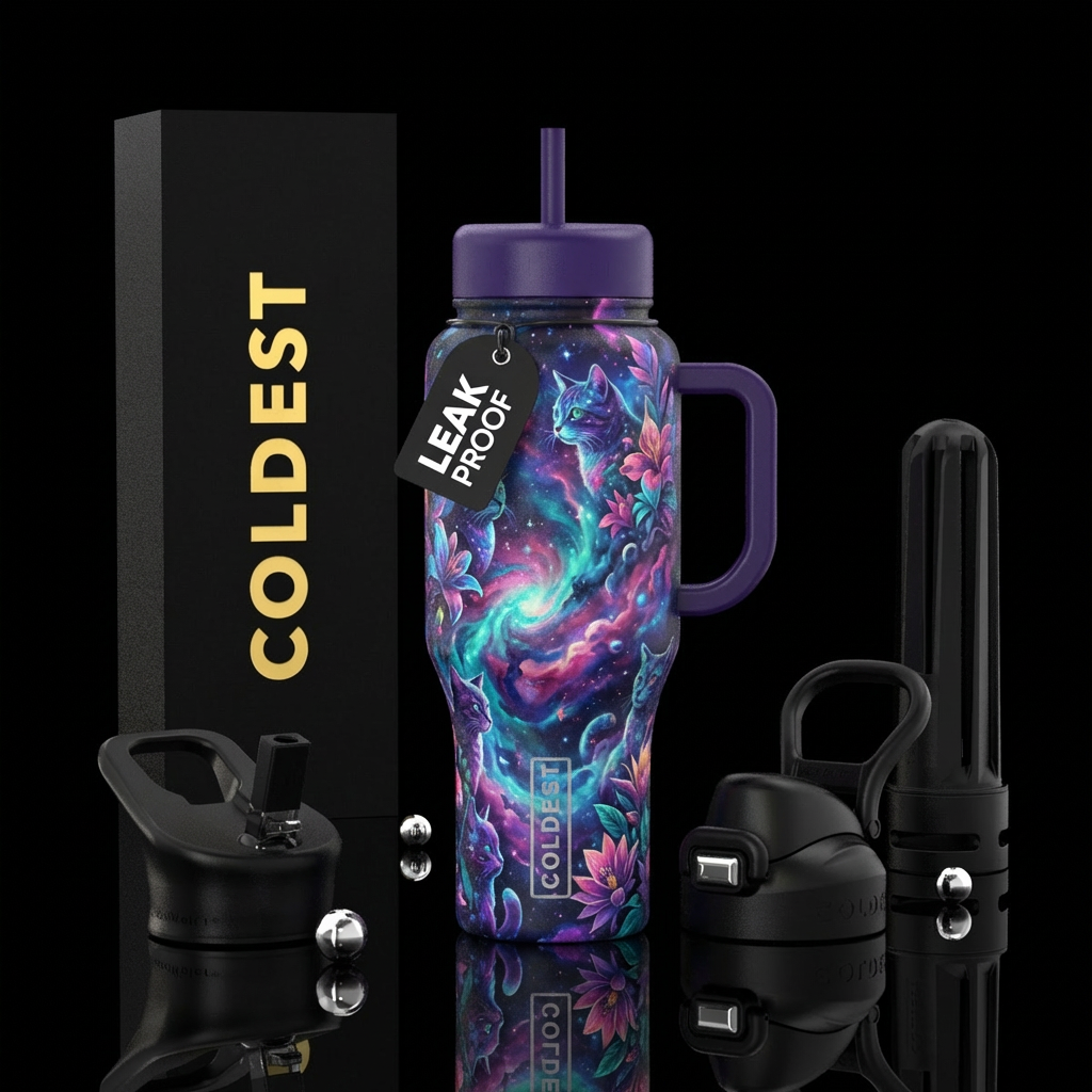 Cats, flowers, galaxy water bottle design