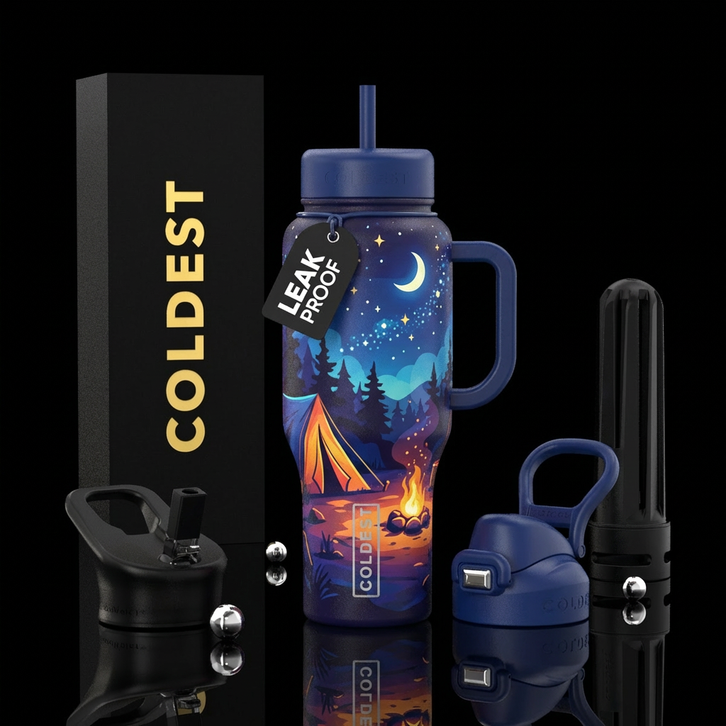 Camping, moon, stars water bottle design