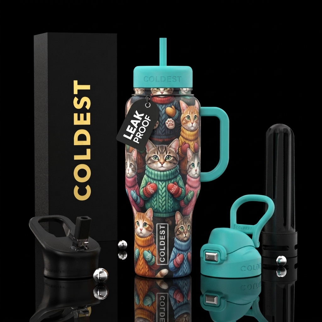Cats and cozies water bottle design