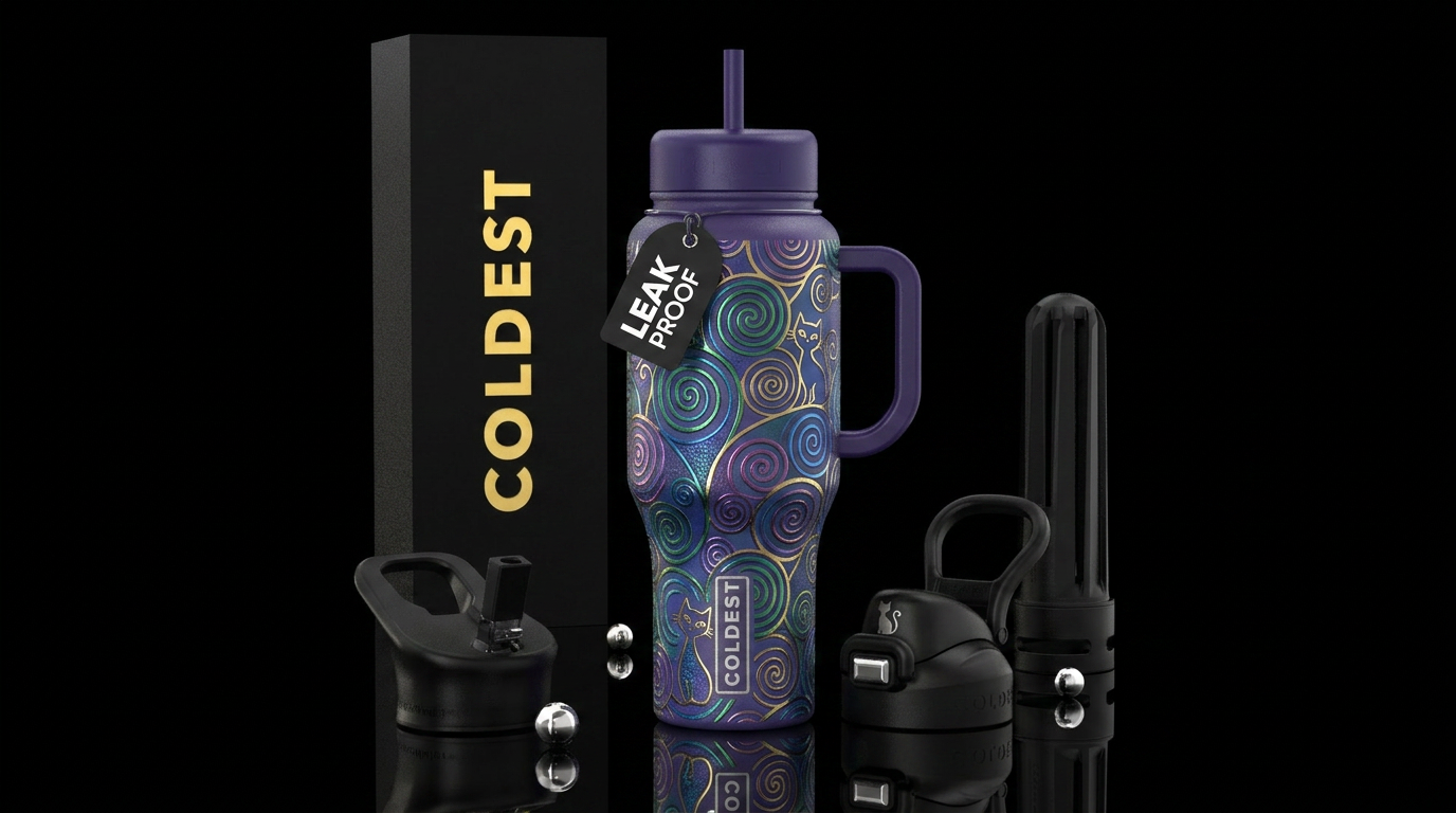 spirals, cat, whimsical water bottle design