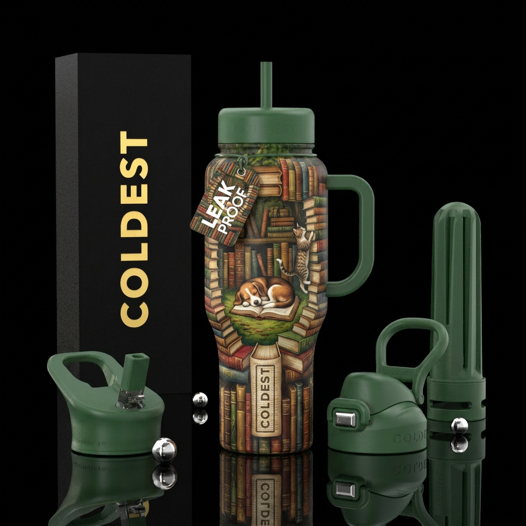A forest of books with a dog sleeping in the middl... water bottle design