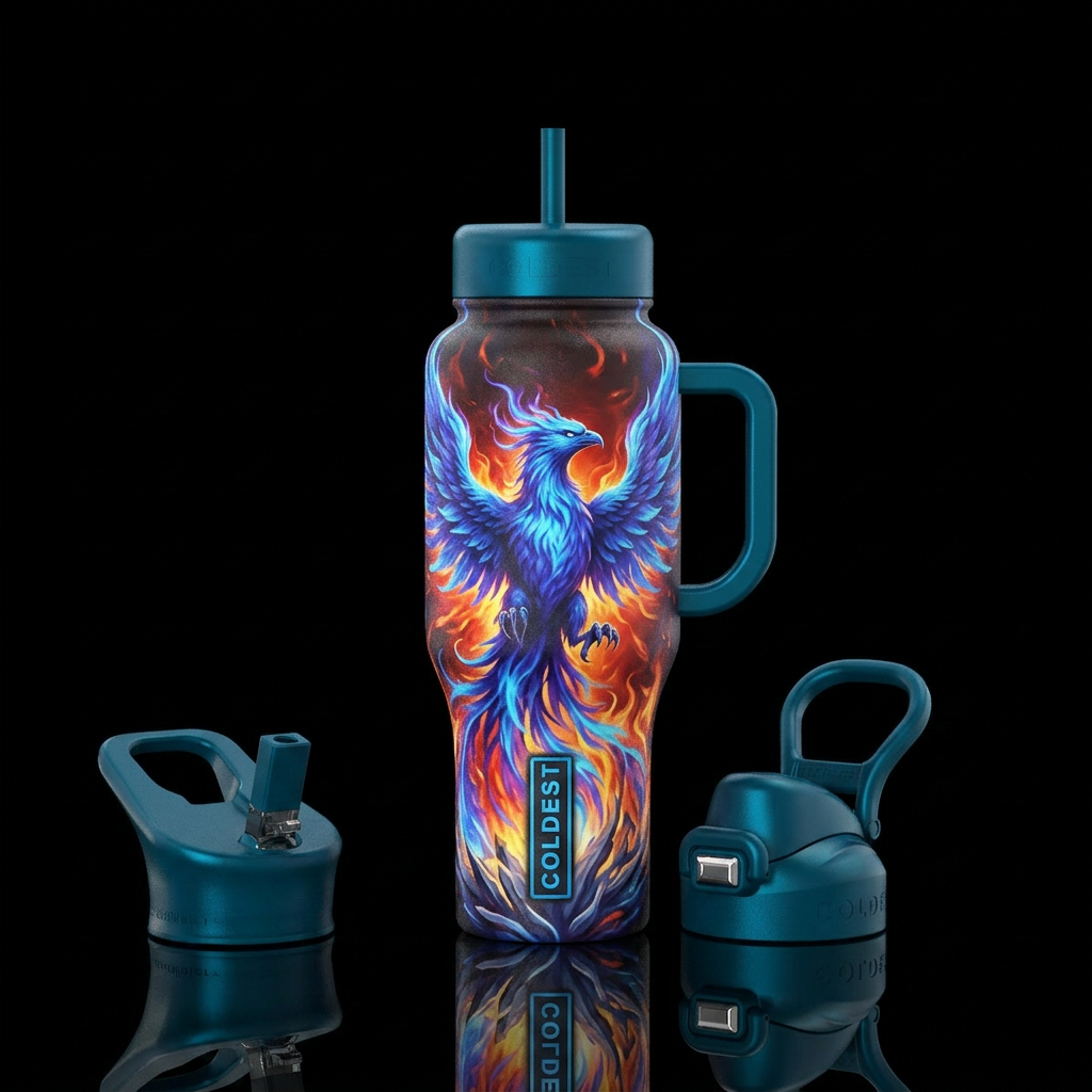 Blue phoenix rising from the ashes water bottle design
