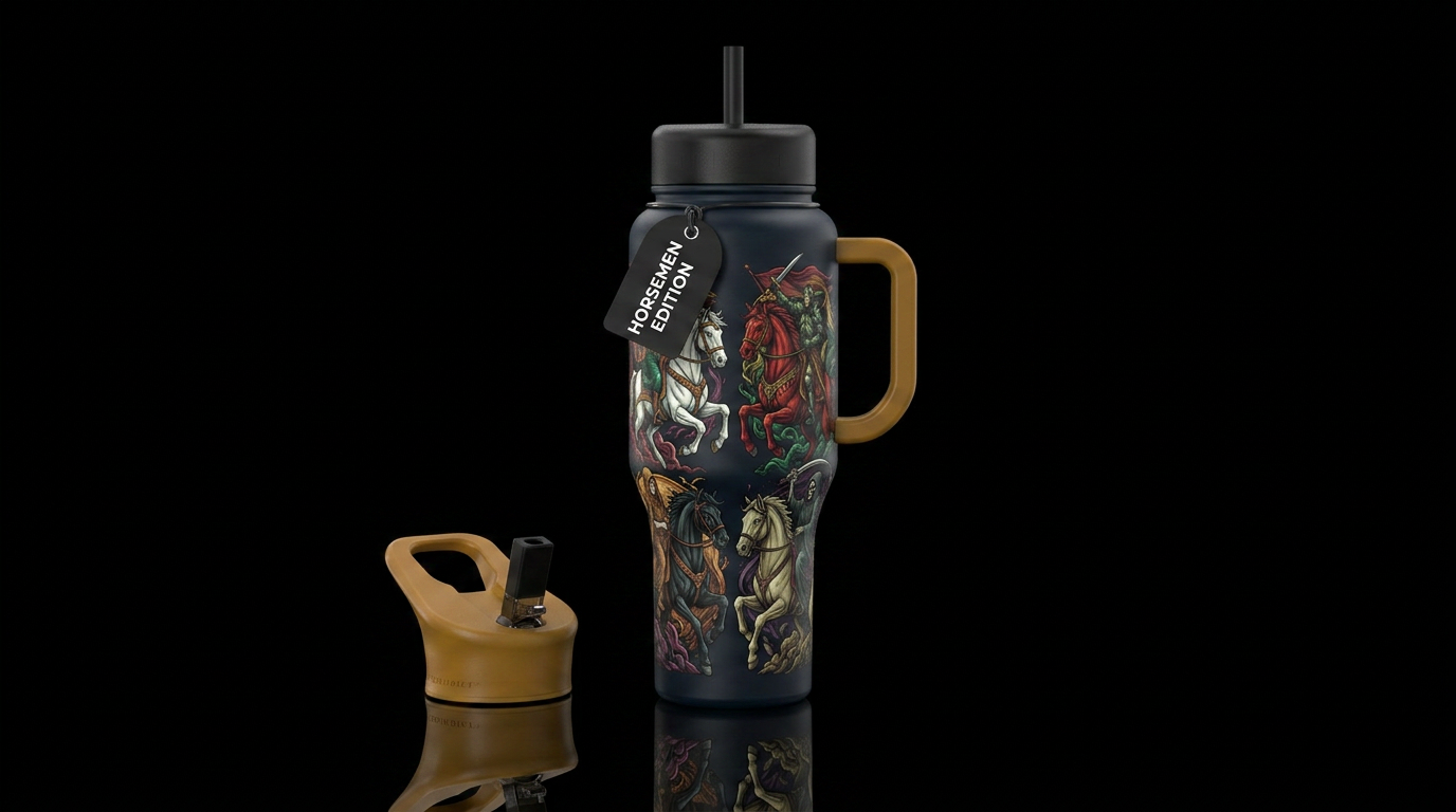 The Four Horsemen water bottle design
