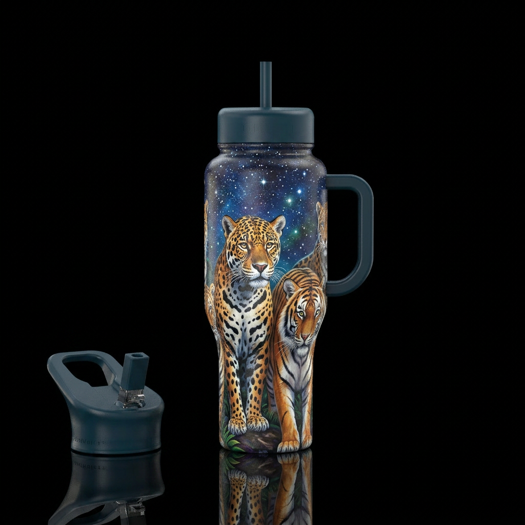 Jungle cats under a starry sky water bottle design