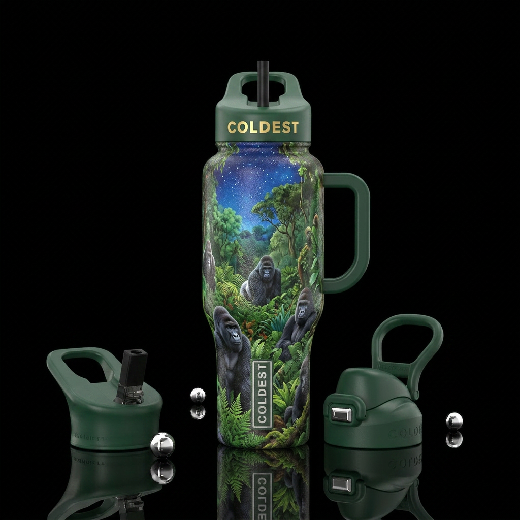 Gorillas in the jungle under a starry sky water bottle design