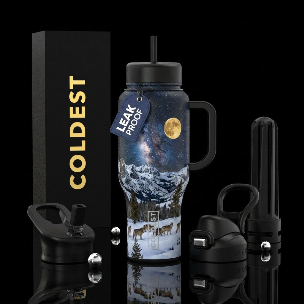 Wolf pack in yellow stone under a starry sky water bottle design