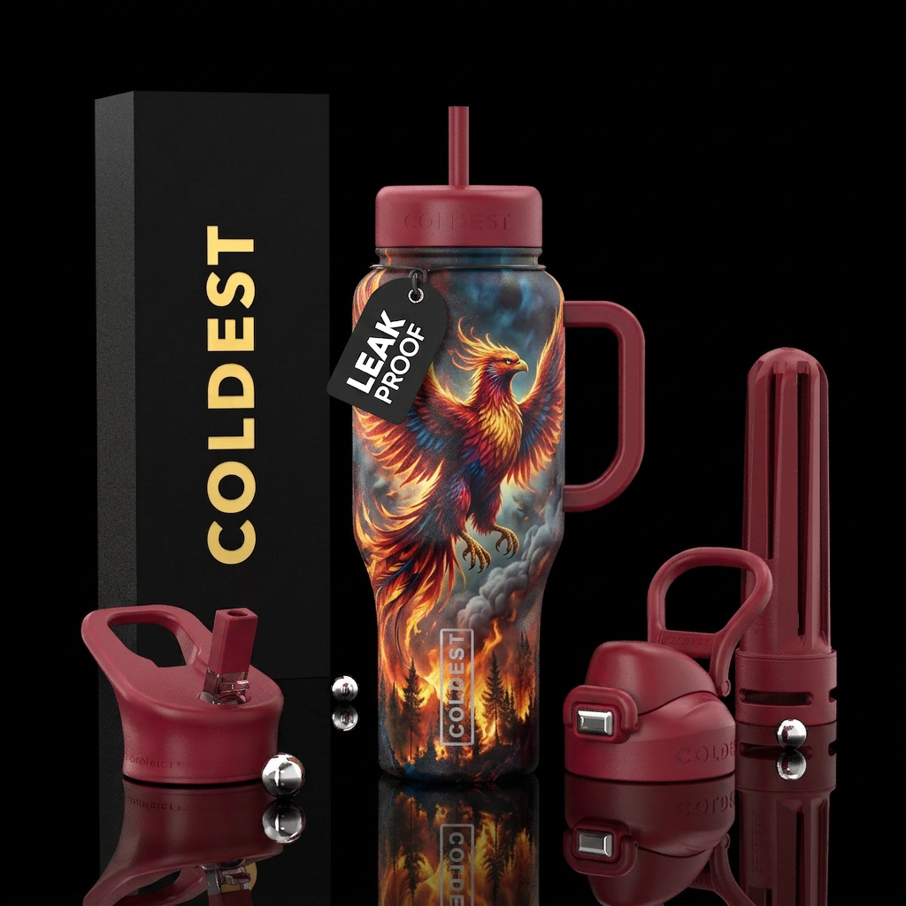 Phoenix flying in the, forest burning below, smoke water bottle design