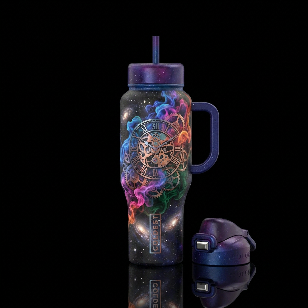 Outer space, clocks, gears, multi colored smoke water bottle design