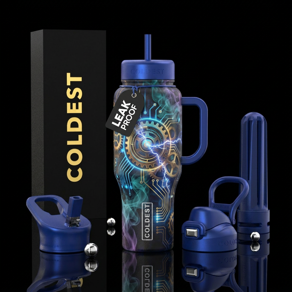Circuits, electricity, smoke, gears water bottle design