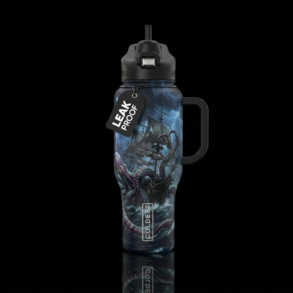 Kraken wrapping around a large ship during a storm... water bottle design