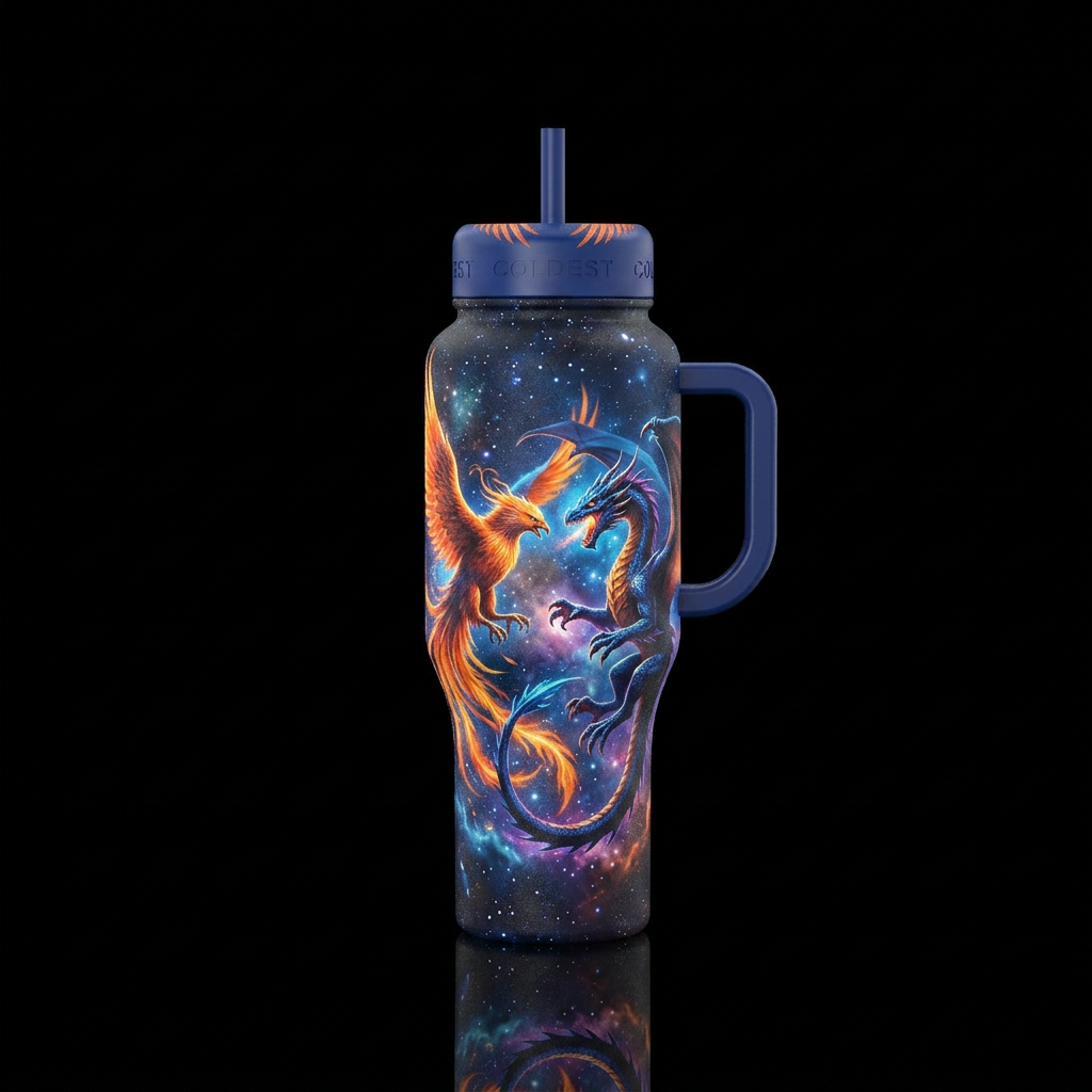Phoenix fighting a dragon in the starry sky water bottle design