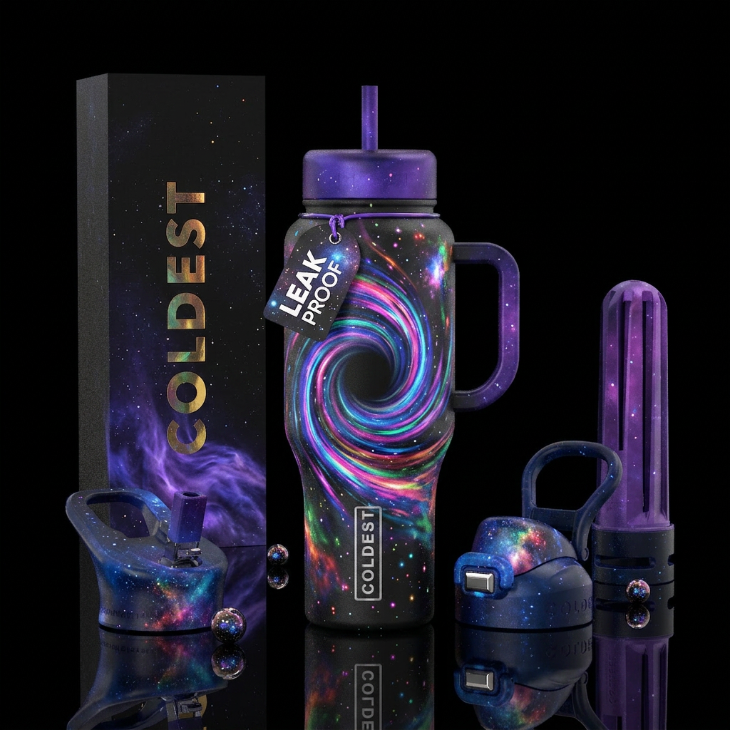 Black hole with a colorful swirling vortex water bottle design
