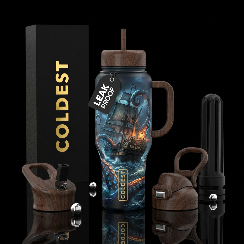 Kraken wrapped around a large ship named the Leaky... water bottle design