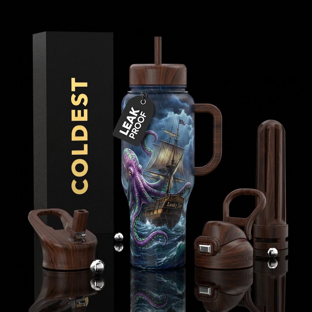 Kraken wrapped around a large ship named the Leaky... water bottle design
