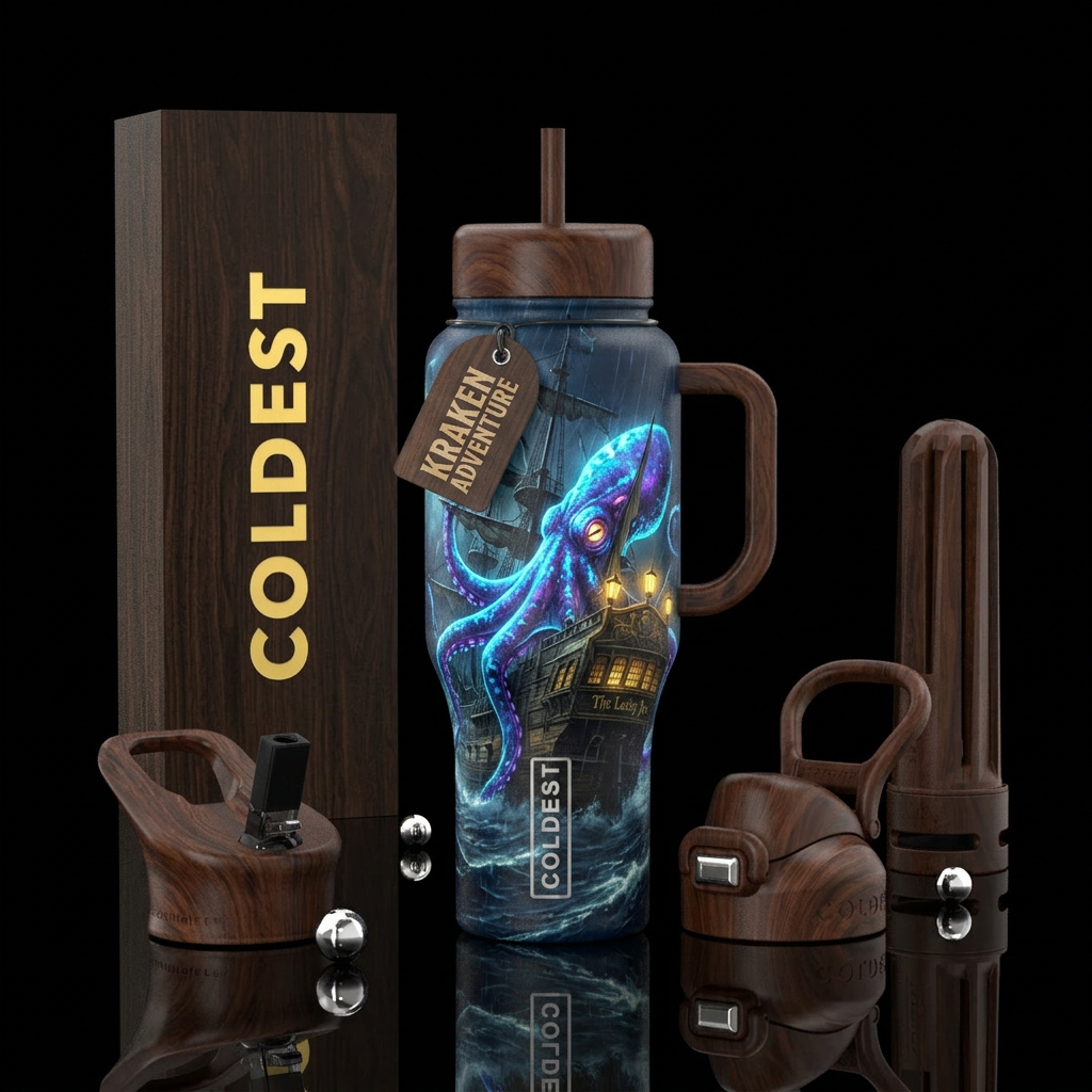 Kraken wrapped around a large ship named the Leaky... water bottle design