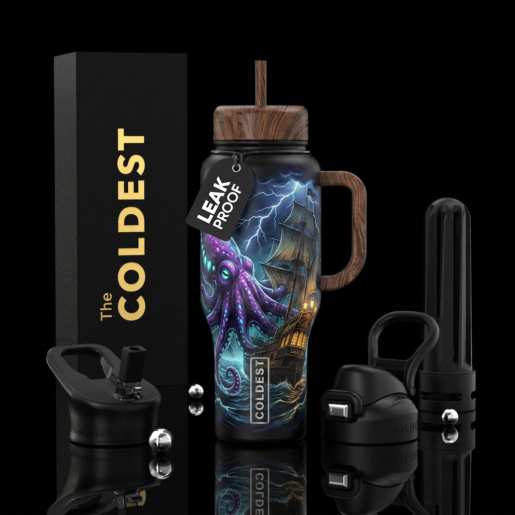 Purple Kraken wrapped around a large ship named th... water bottle design