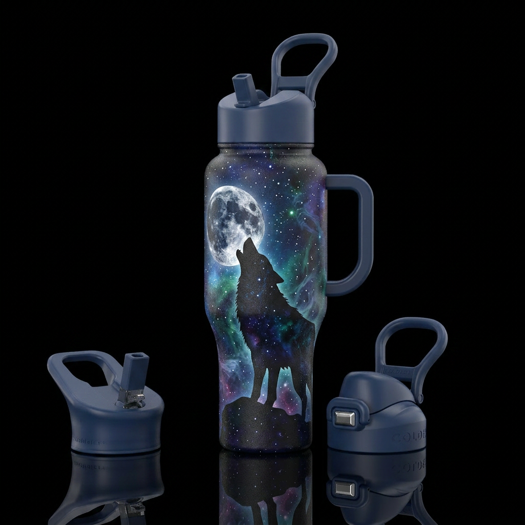 Large wolf howling at the moon, starry sky, smoke water bottle design