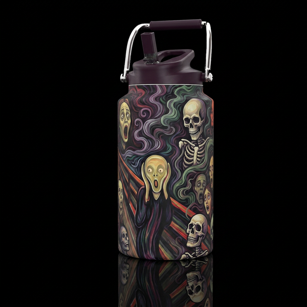 The scream painting, skulls, smoke water bottle design