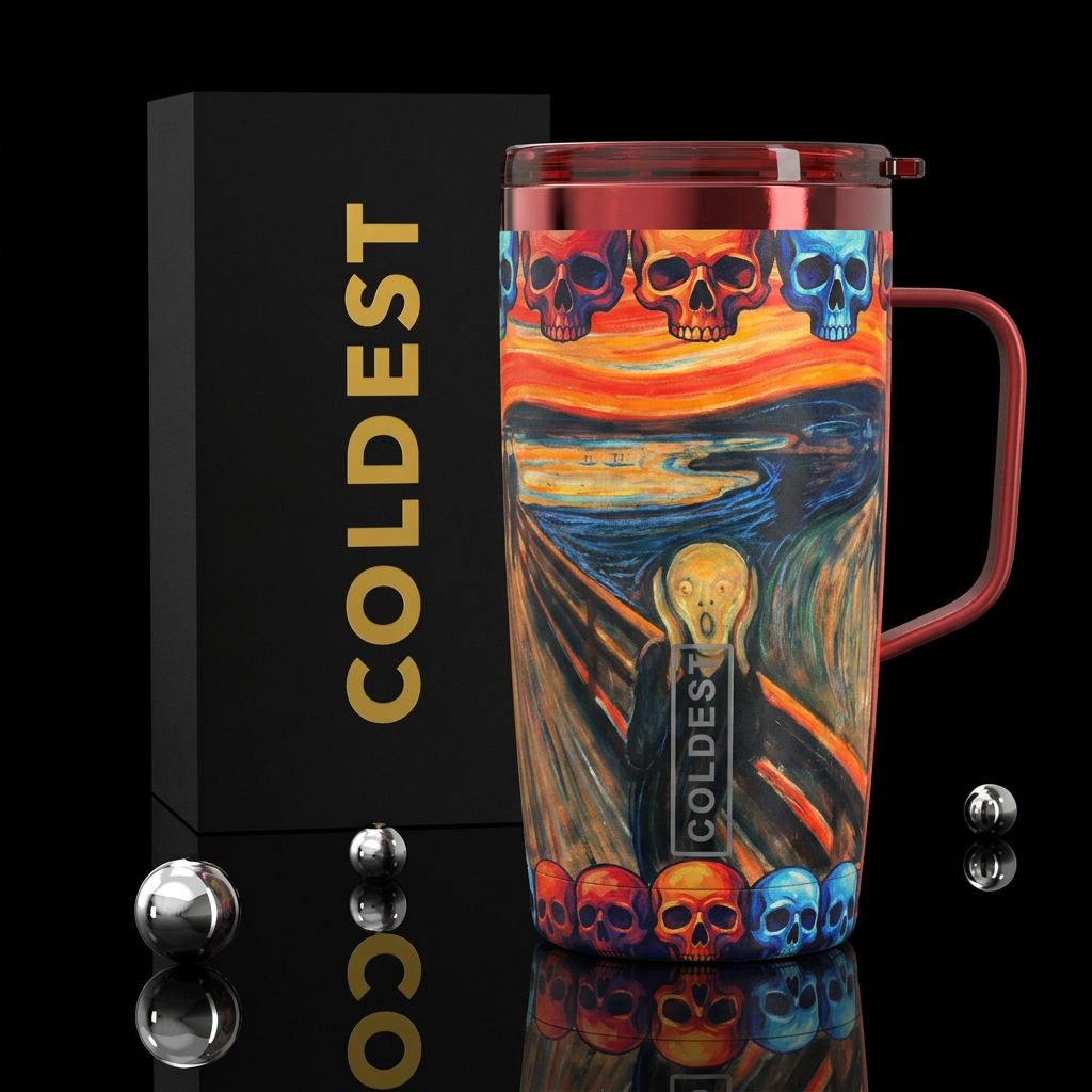 The scream painting, skulls wrapped around the top... water bottle design