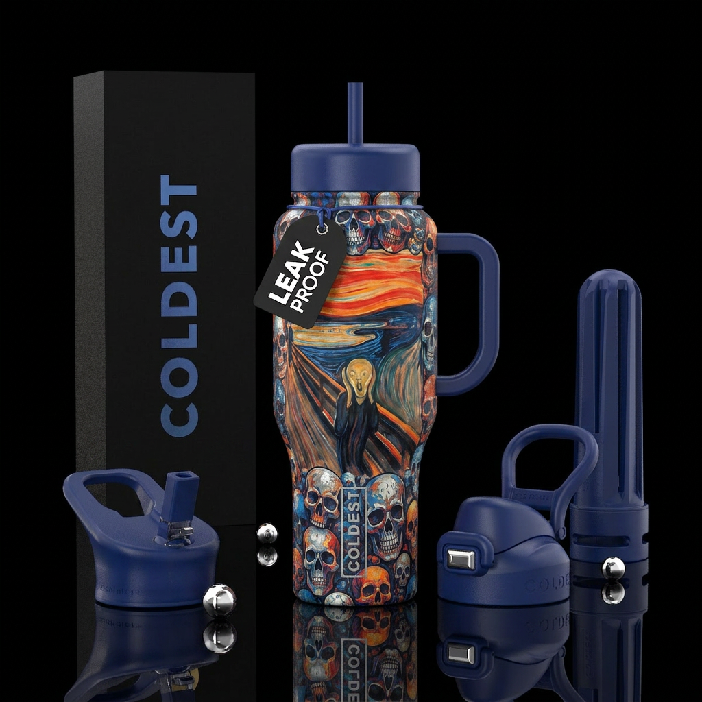 The scream painting, skulls wrapped around the top... water bottle design