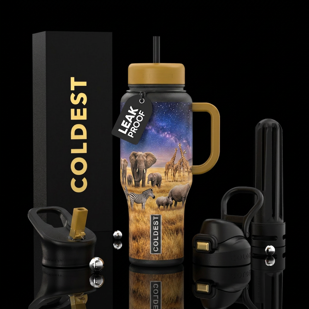 Safari theme, elephants, giraffes, zebras, rhinos,... water bottle design
