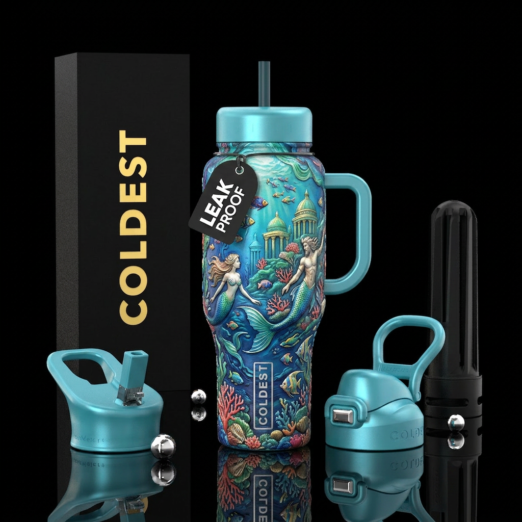 Atlantis, fish, merpeople water bottle design