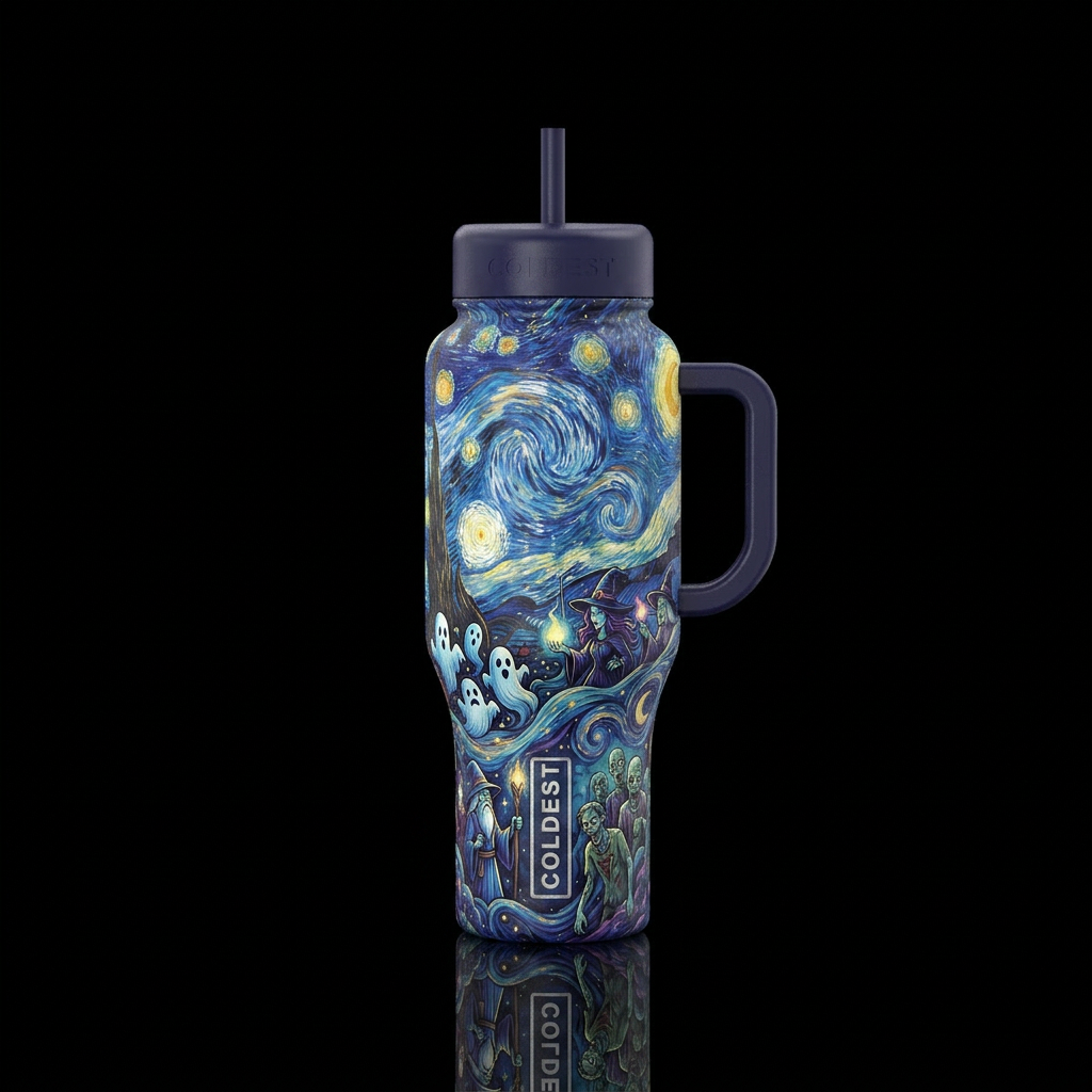 Starry Night painting them, ghosts, witches, wizar... water bottle design