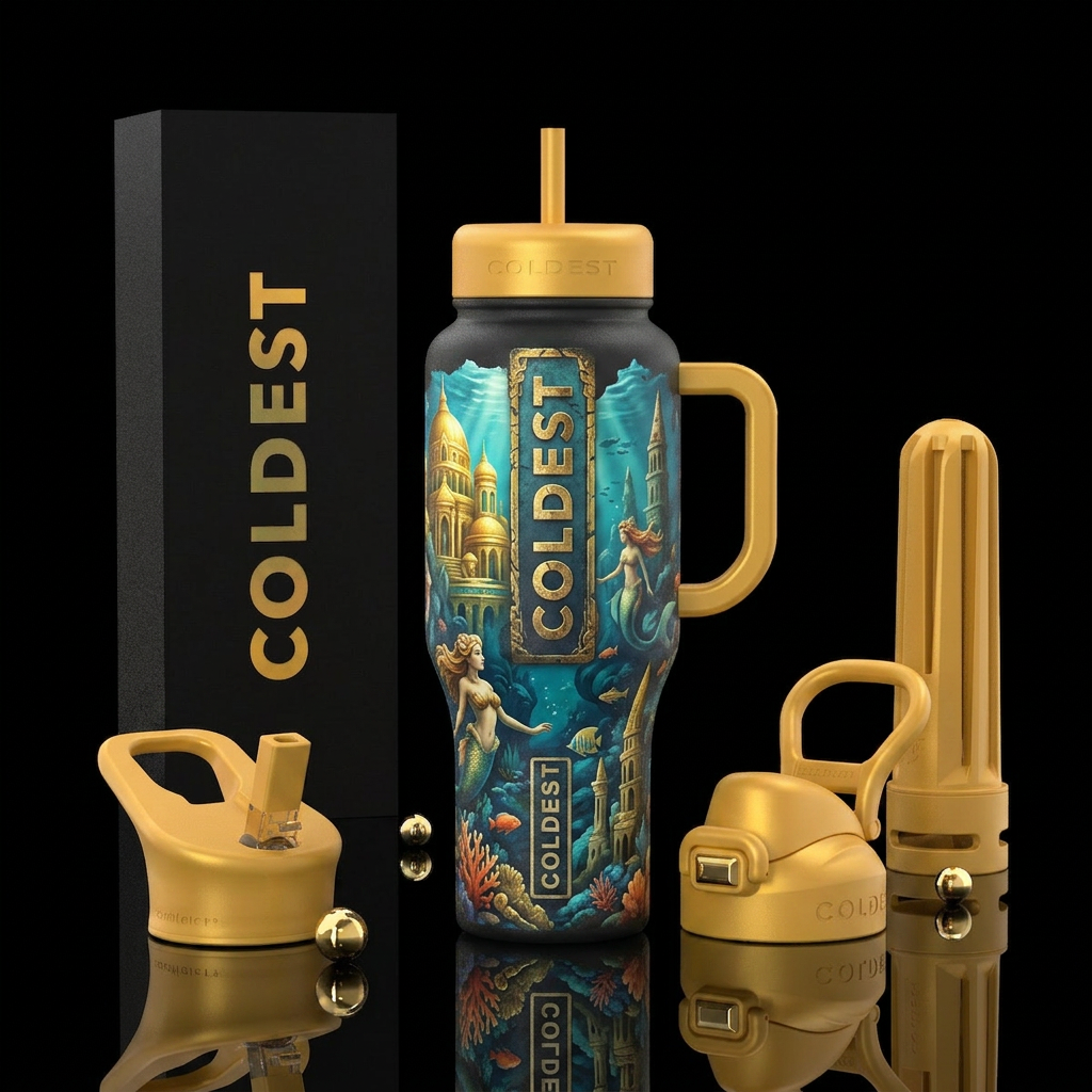 Atlantis, mermaids, golden buildings water bottle design