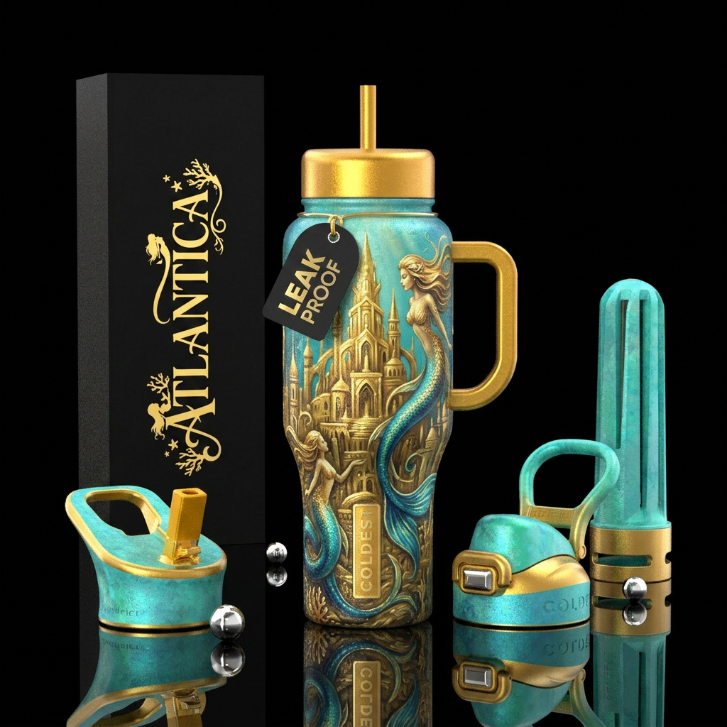 Atlantis, mermaids, golden buildings water bottle design