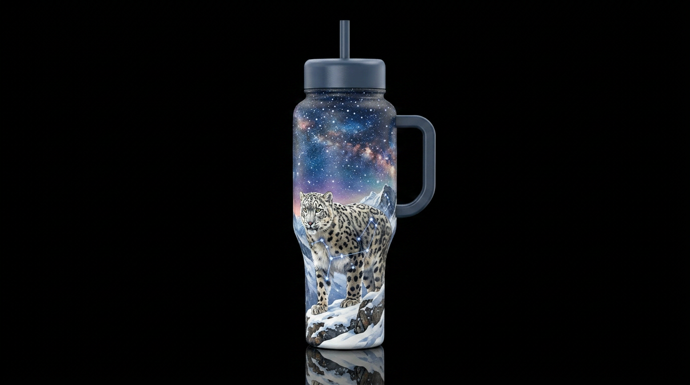 Snow leopard in it’s natural habitat, starry sky water bottle design