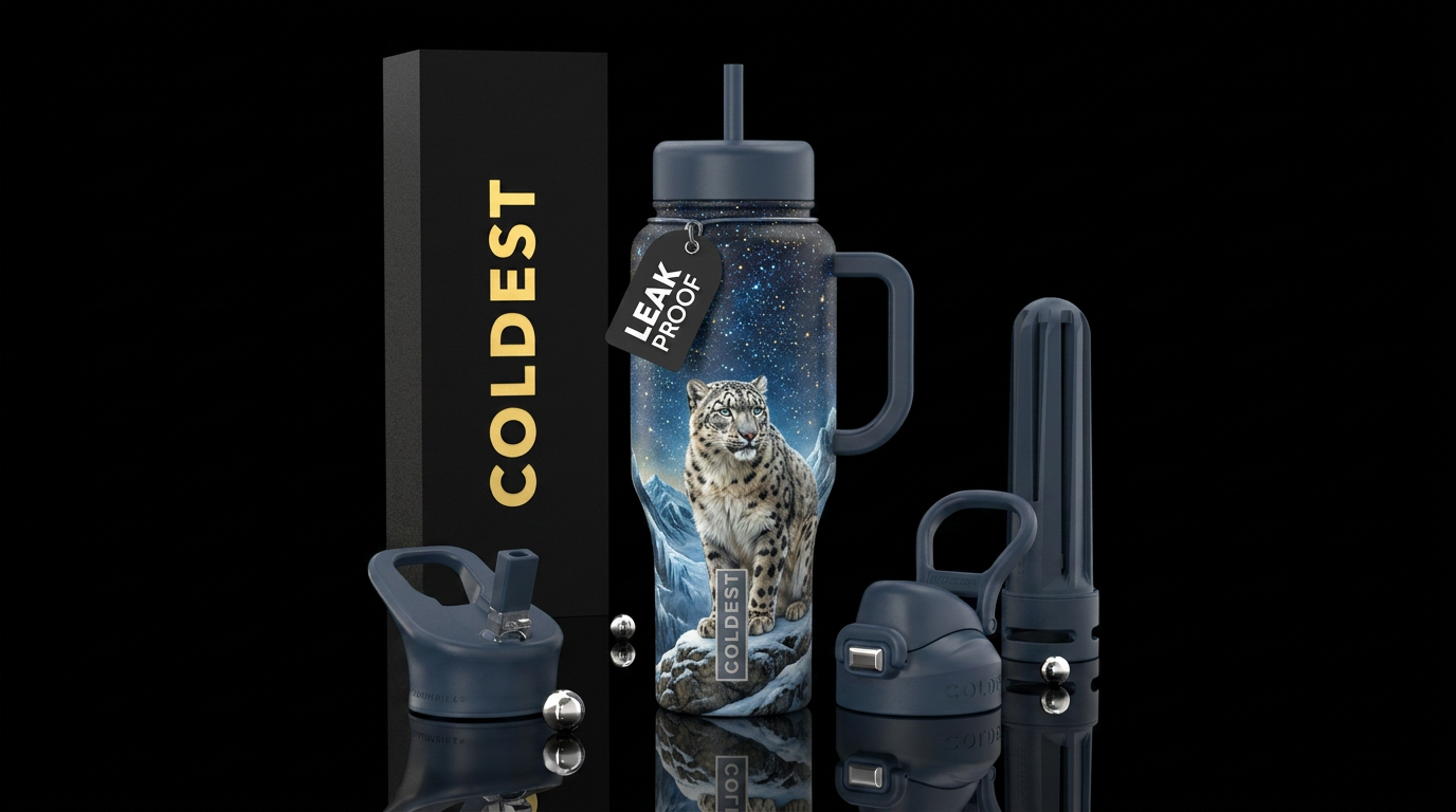 Snow leopard in it’s natural habitat, starry sky water bottle design