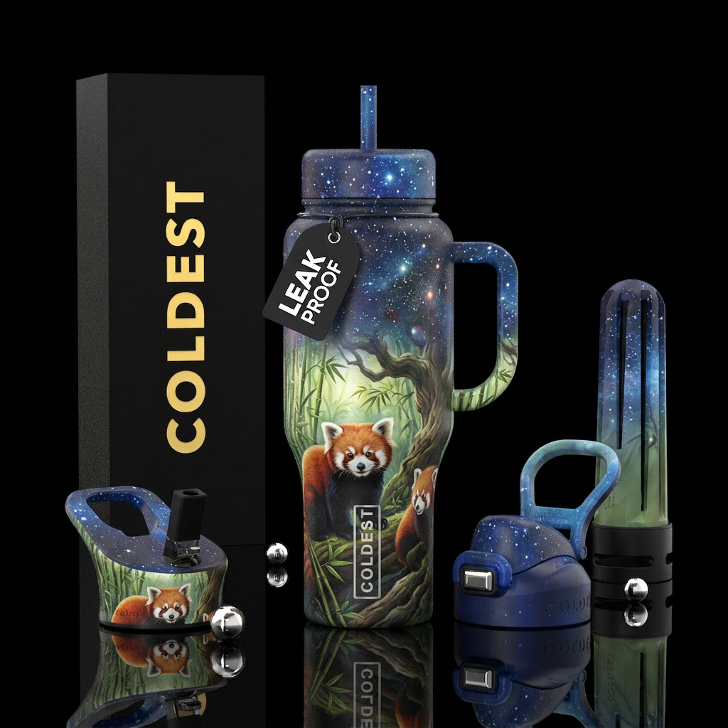 Red panda in it’s natural habitat, starry sky water bottle design