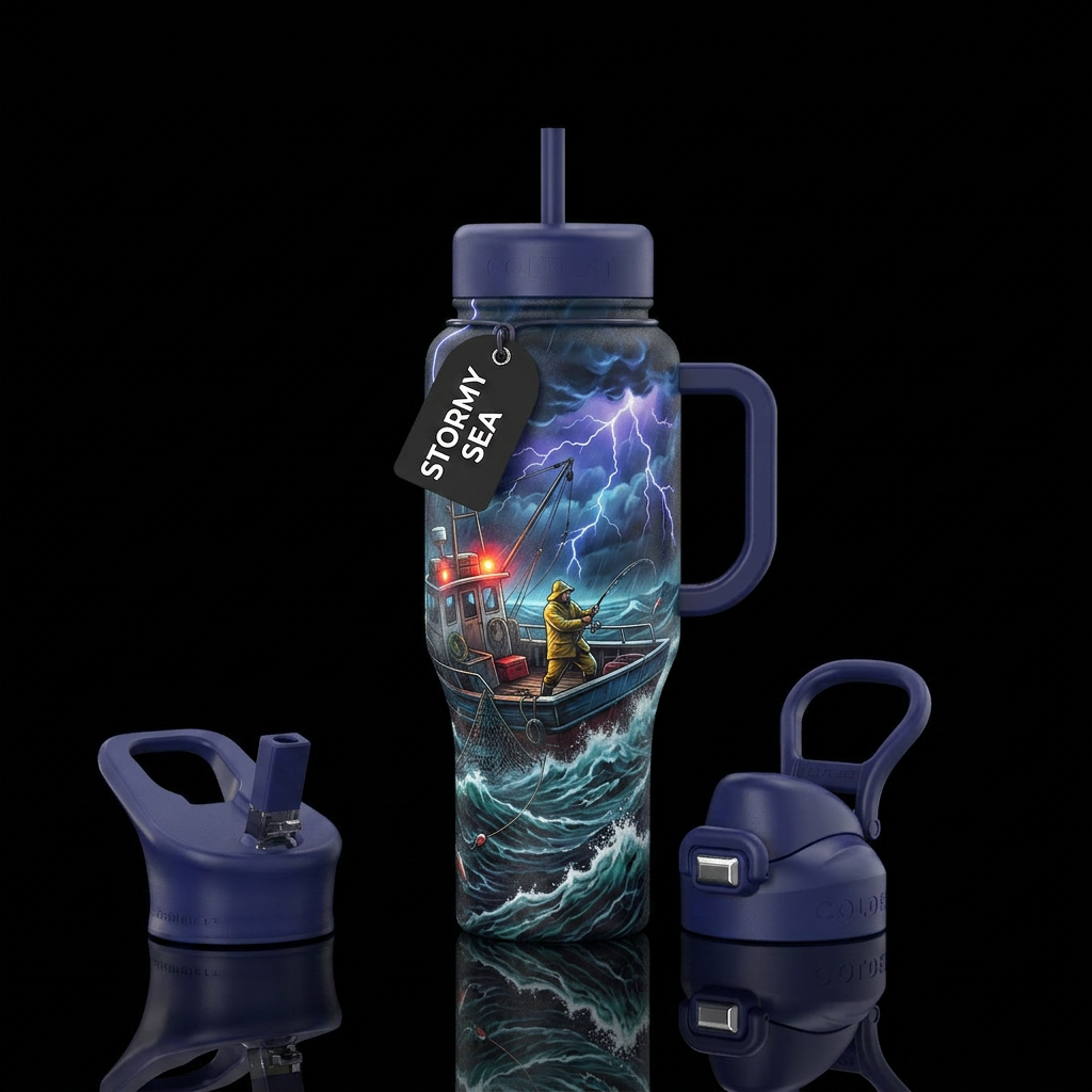 Fishing, strong stormy night water bottle design