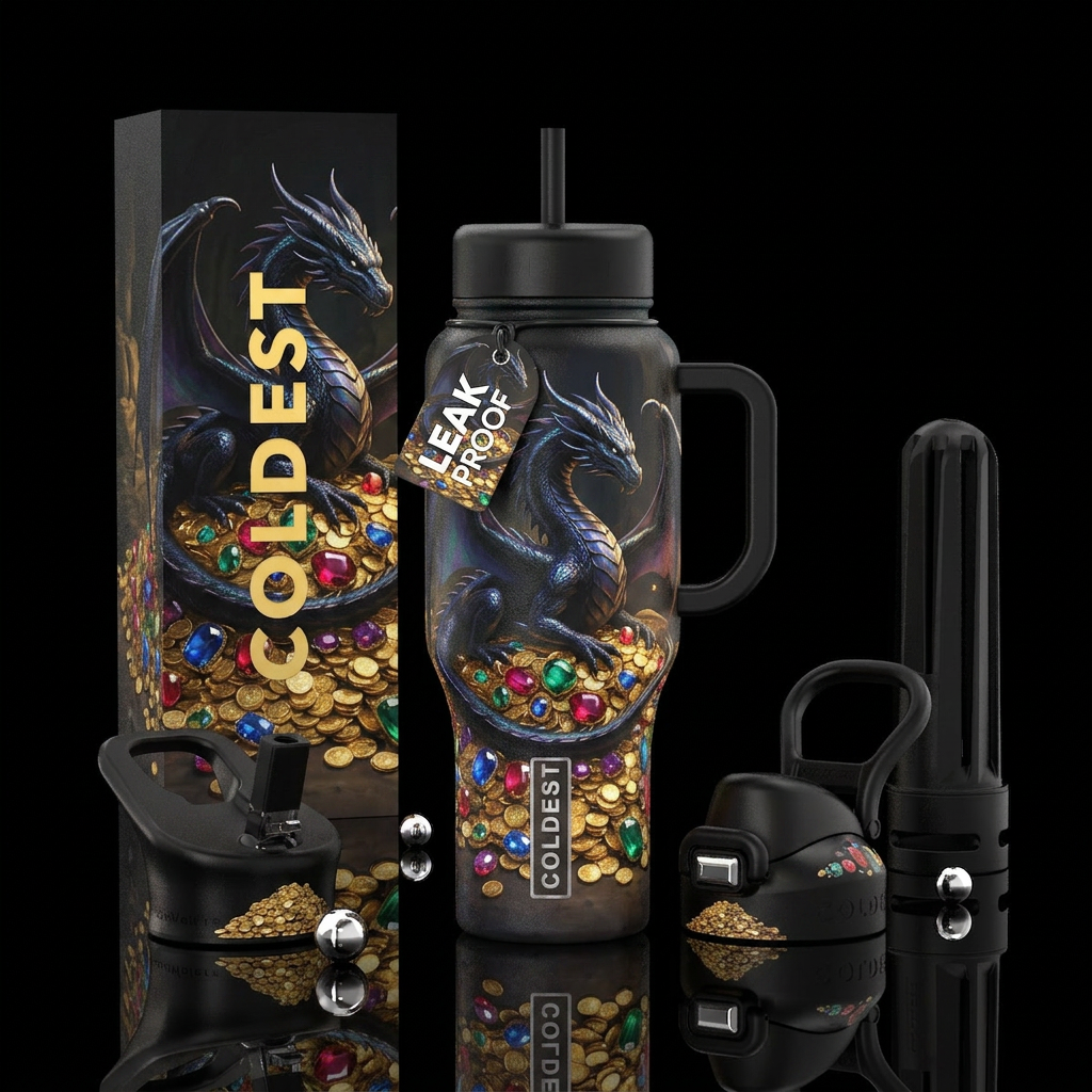 Dragons den, gold coins, jewels, giant black drago... water bottle design