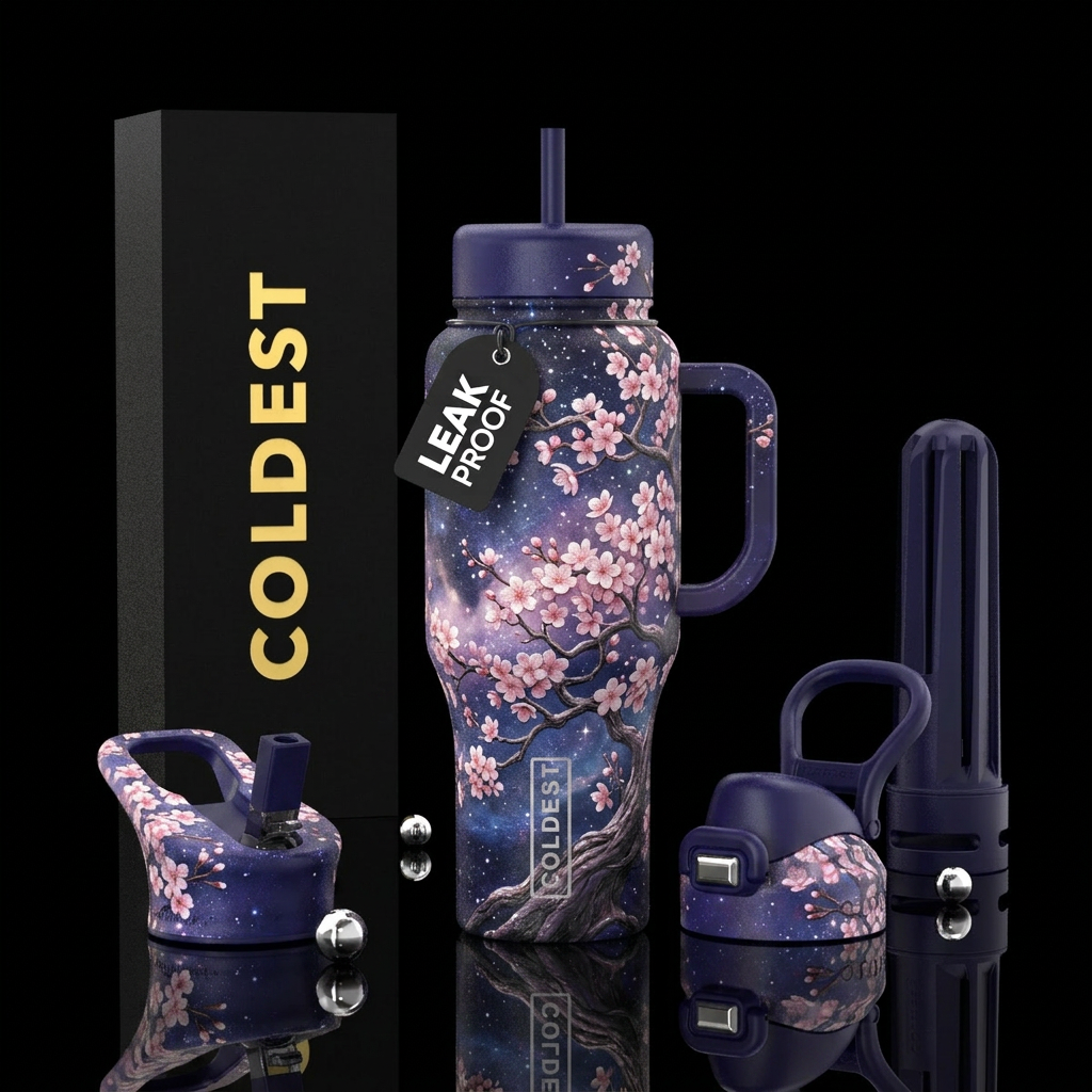 Blooming Sakura tree under the starry sky water bottle design