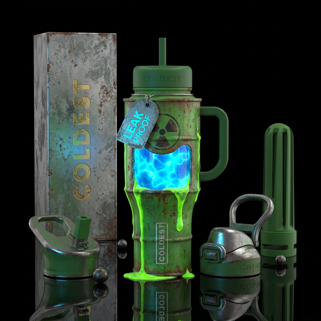 Nuclear radiation as blue glowing liquid, green ba... water bottle design