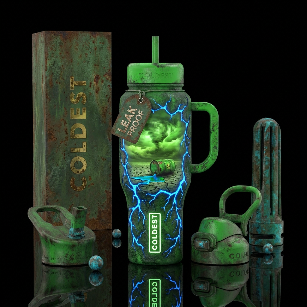 Nuclear radiation as blue glowing liquid, green ba... water bottle design