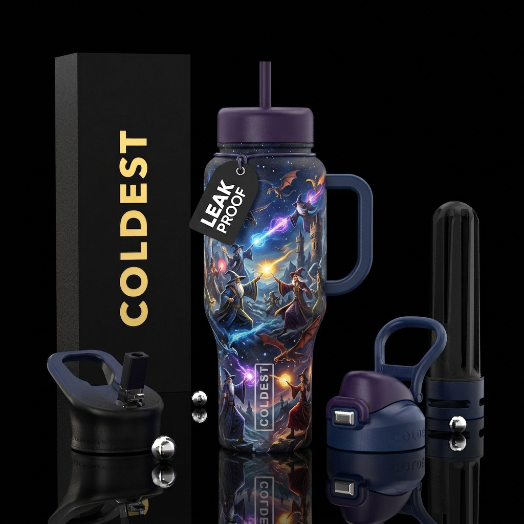 Wizards and witches battling in the starry sky water bottle design
