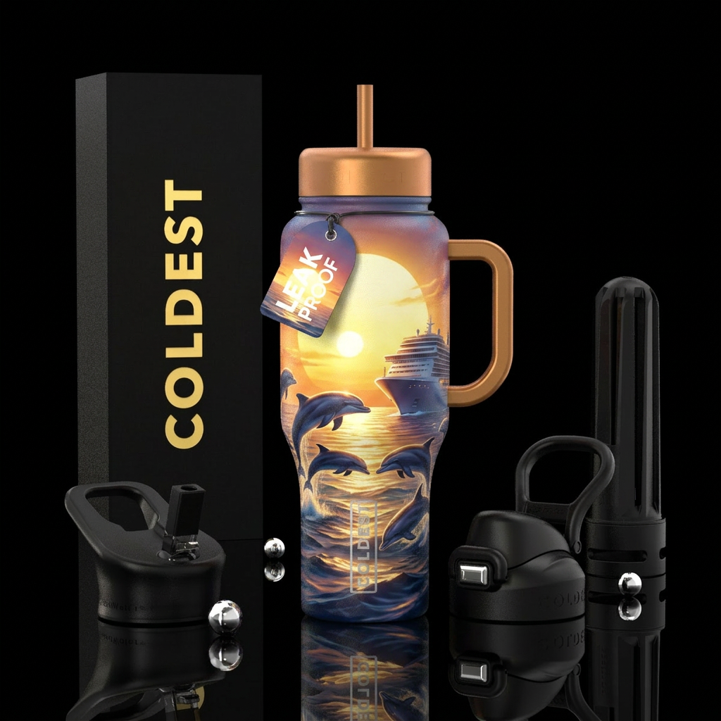 Setting sun with a pod of dolphins playing in fron... water bottle design