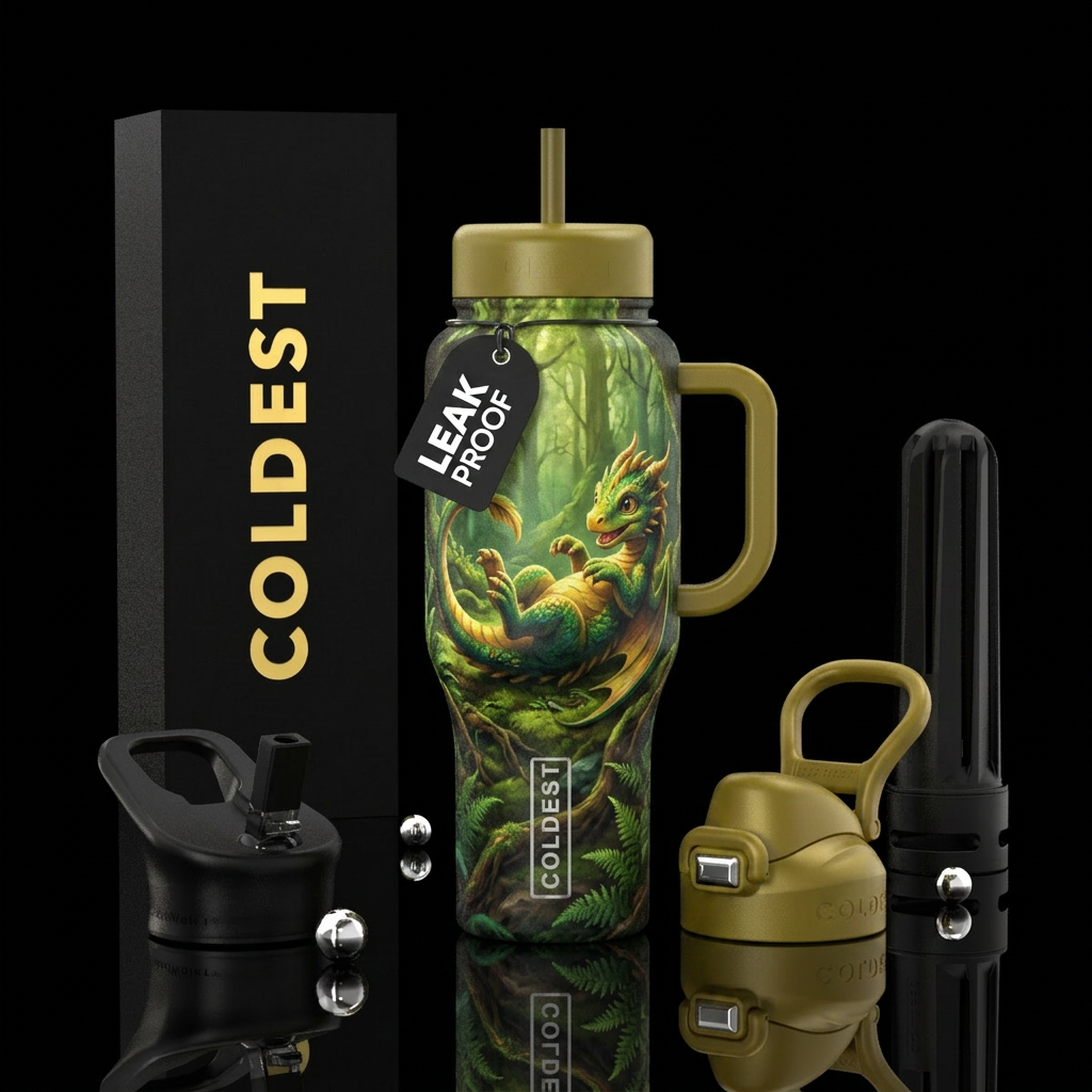 Dragon hatchling rolling through the forest water bottle design